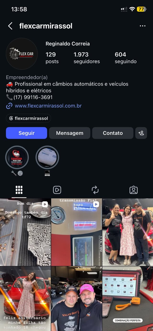 Perfil da Flex Car no Instagram, com publicações da oficina